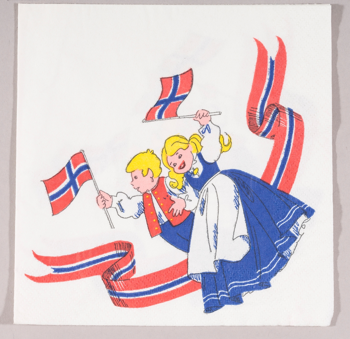En gutt og en jente kledt i bunad vifter med norske flagg. Et bånd i rødt, hvitt og blått.