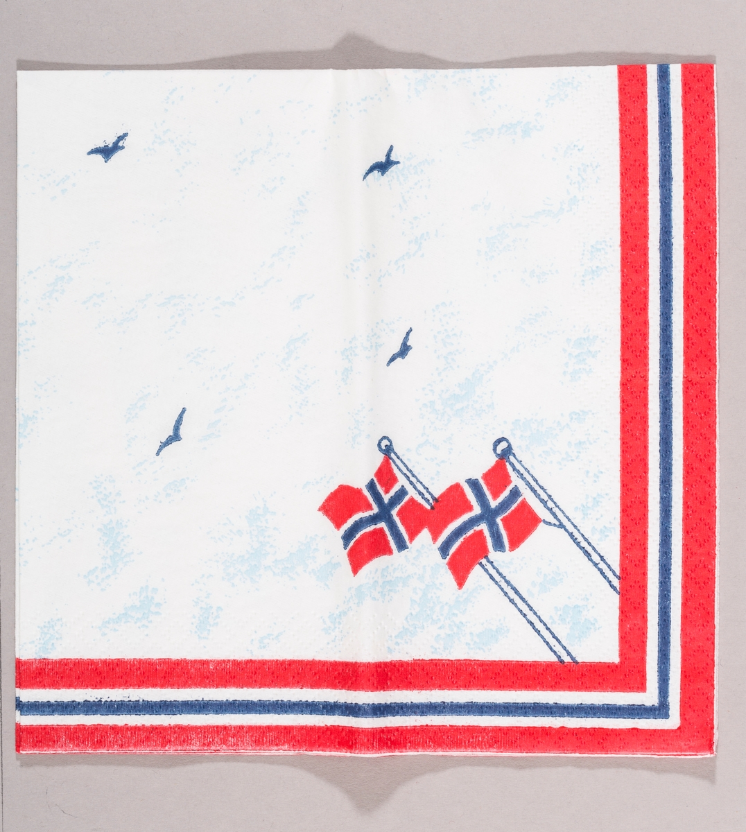 To flaggstenger med norske flagg som flagrer i vinden. Himmel med fugler. Kant i rødt, hvitt og blått.