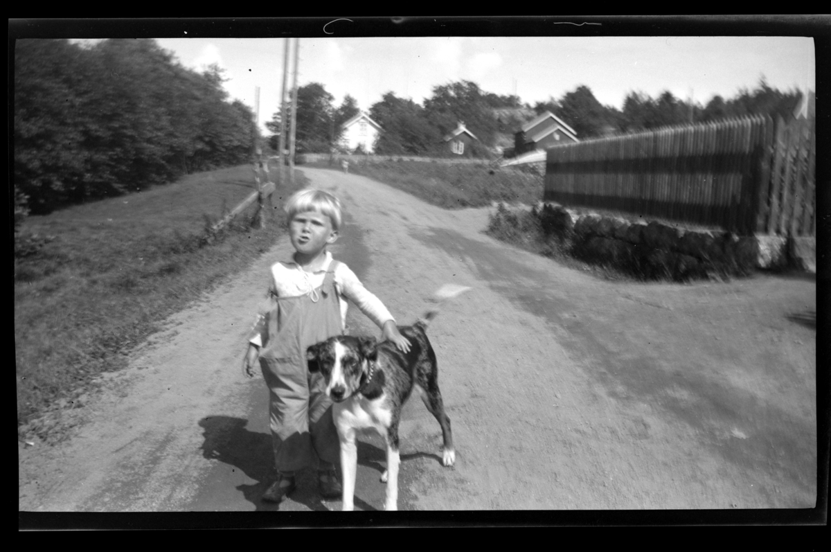 Lars Peter med hund på grusvei på Ula, Vestfold. Fotografert 1932.
