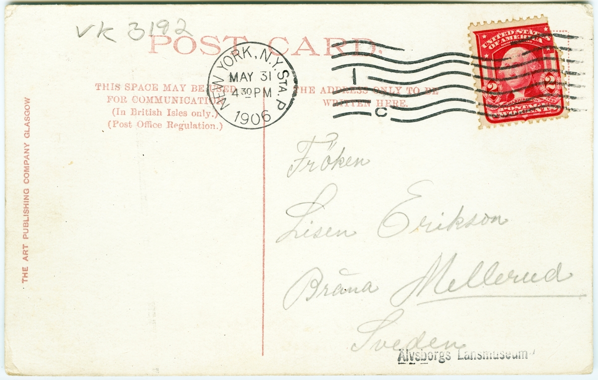 Brevkort poststämplat New York 1906  "R.M.S Carmania"