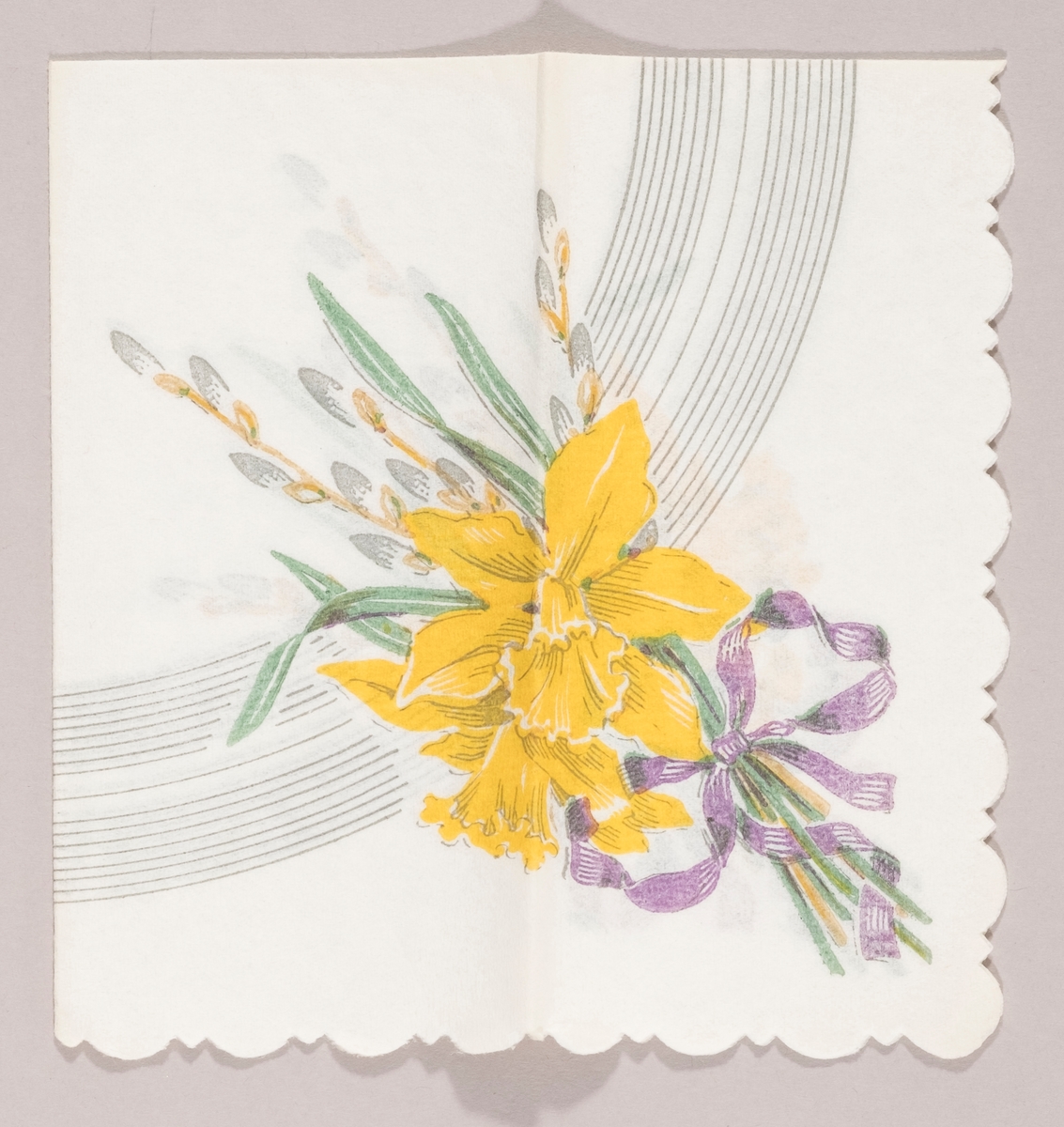 En bukett med påskeliljer og grener med "gåsunger" bundet med en lilla sløyfe. Rundt stripet mønster i bakgrunnen.