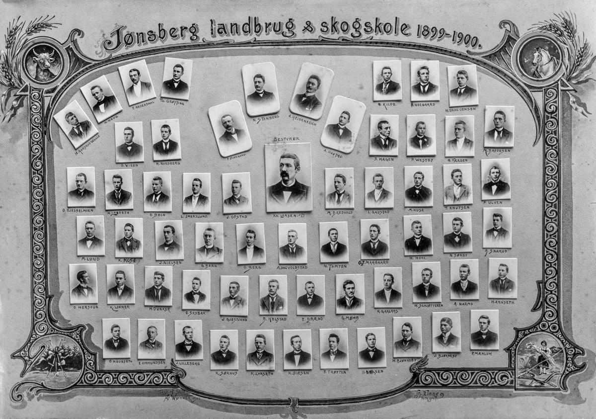 Jønsberg landbruks og skogskole 1899-1900. Montasje, klassebilde med navn. 62 elever lærere, alle gutter / menn.