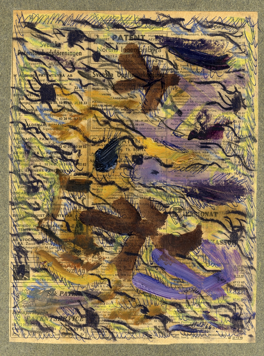 Oljemålning på papper.
1 skiss (abstrakt motiv), målad med oljefärg på telefonkatalogsblad.

Inskrivet i huvudbok 1982.