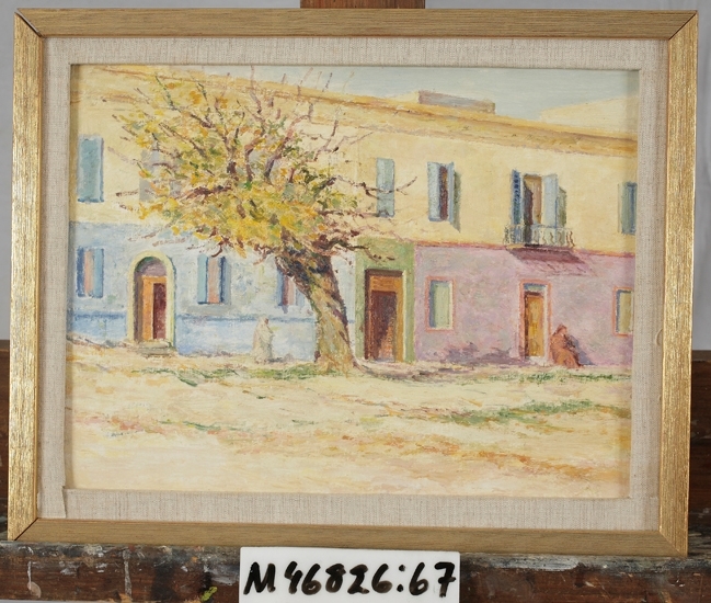 Oljemålning på masonit.
Sydländsk husfasad med träd i förgrunden. Italien