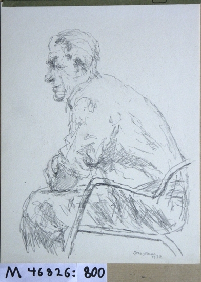 Blyerts/kolteckning.
Porträtt föreställande sittande äldre man i skjortärmarna, i profil.
Signerad 1972.

Inskrivet i huvudbok 1985.
Montering/Ram: Ej inramad