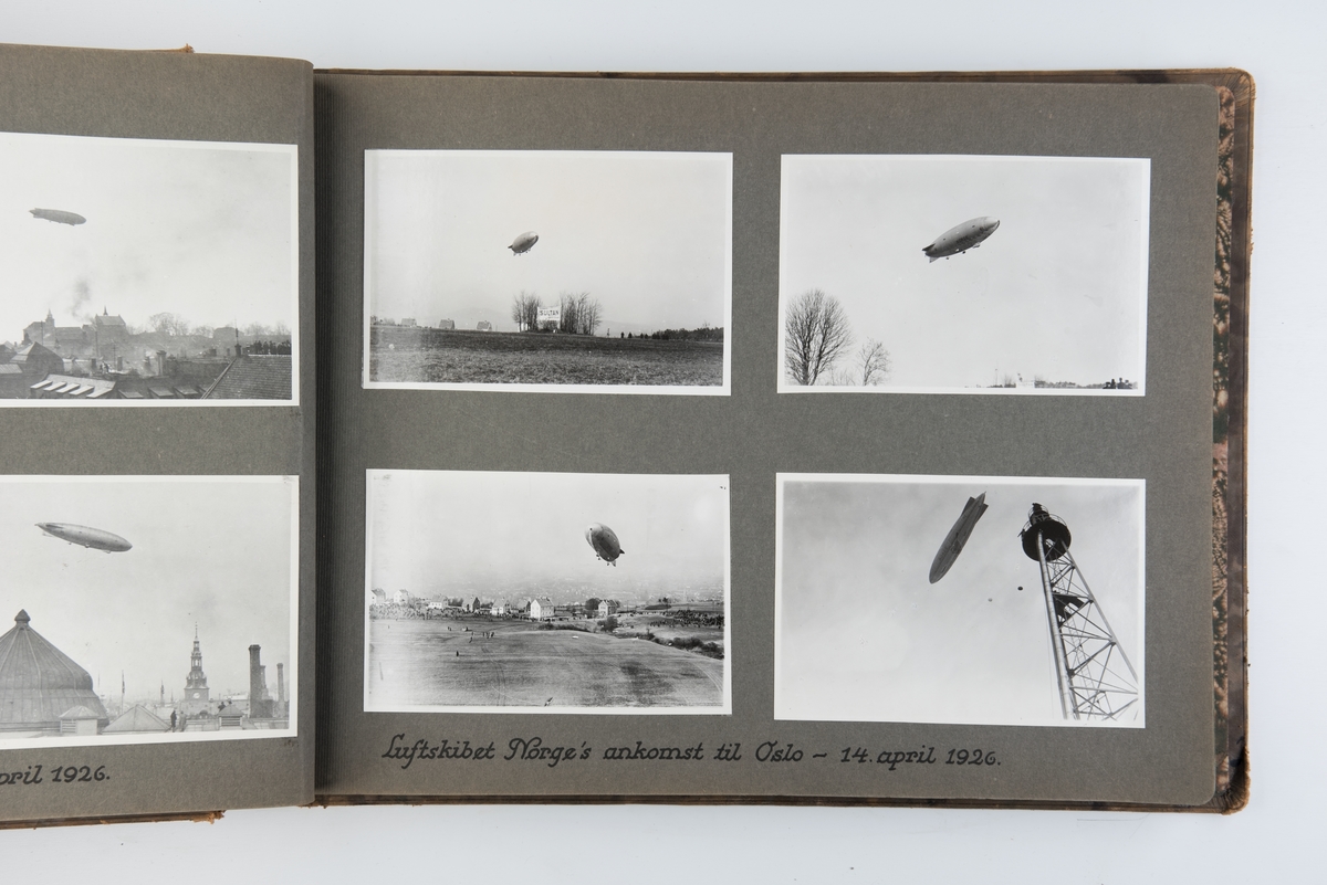 Fotoalbum med 210 fotografier fra Roald Amundsens liv og virke. Avbildede fartøyer: N.25 (flybåt), Norge (luftskip), Bergensfjord (skip), Mayfair (båt), Færder (dampbåt)