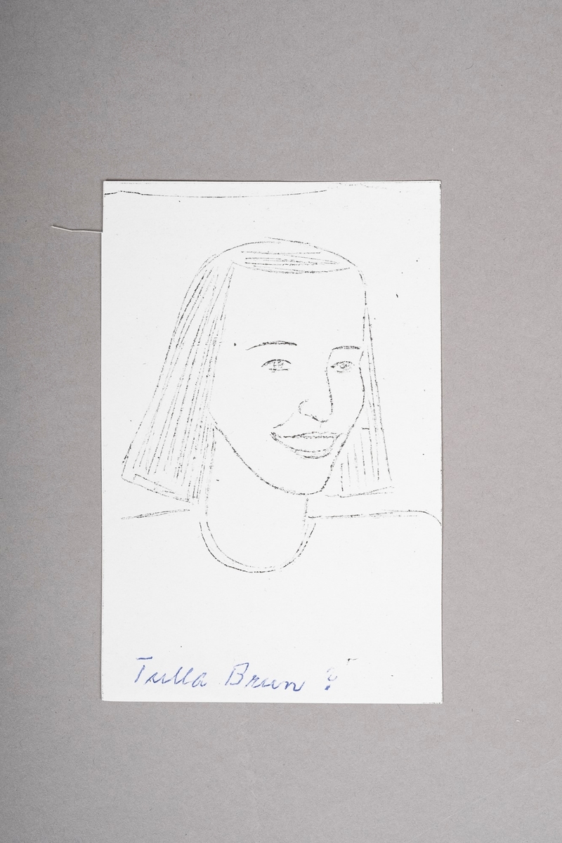 Kopi av portrett-tegning av Tulla Bruun (?). Portrettet (originalen) er tegnet med blyant eller penn, og er i svart-hvitt.