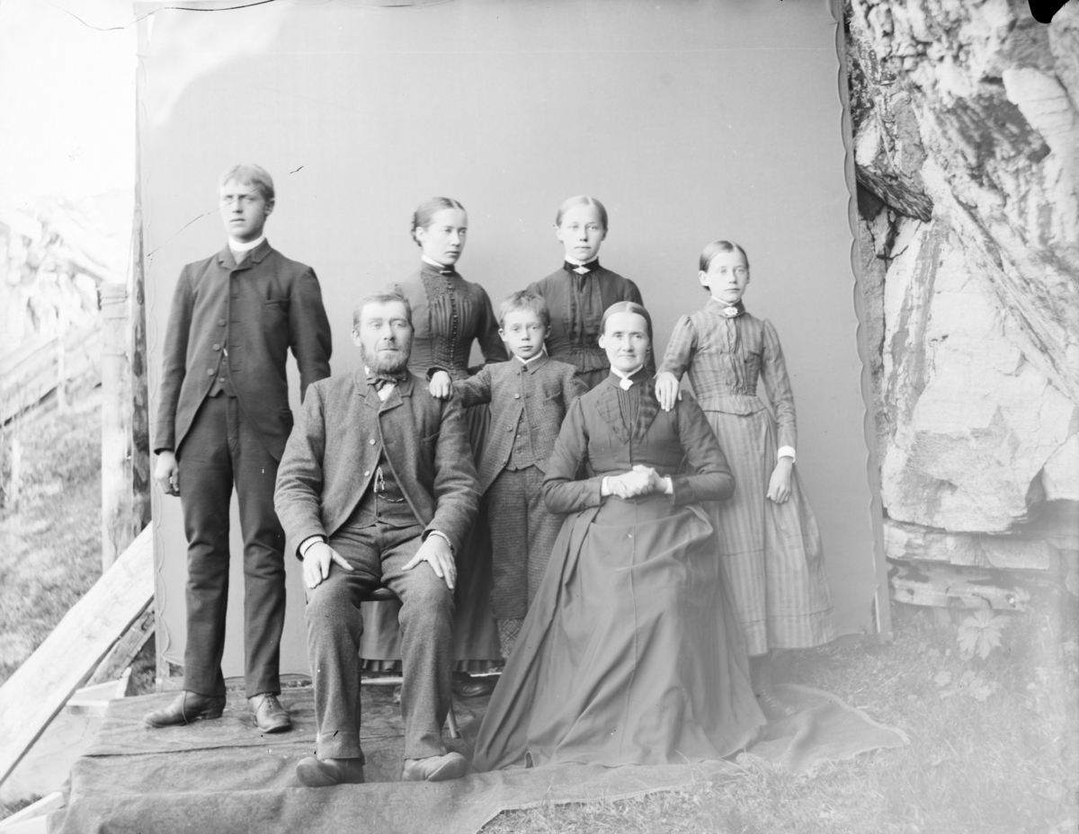Antatt familiebilde med 7 personer og to generasjoner. Foreldre, 3 døtre og 2 sønner. Atelierfoto inn til fjellvegg fra Gudbrandsdalene eller sidedalene i tidsrommet 1890-97