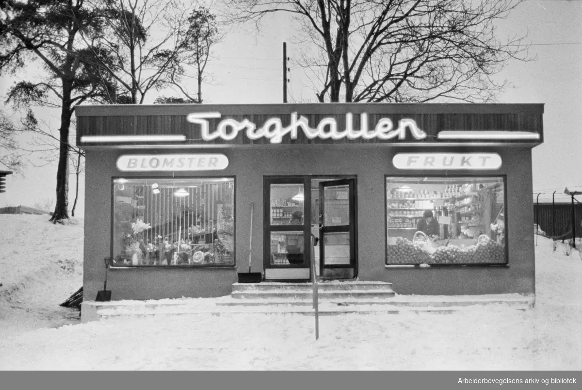Grenseveien. Rolf Manneruds forretning "Torghallen"..Januar 1962