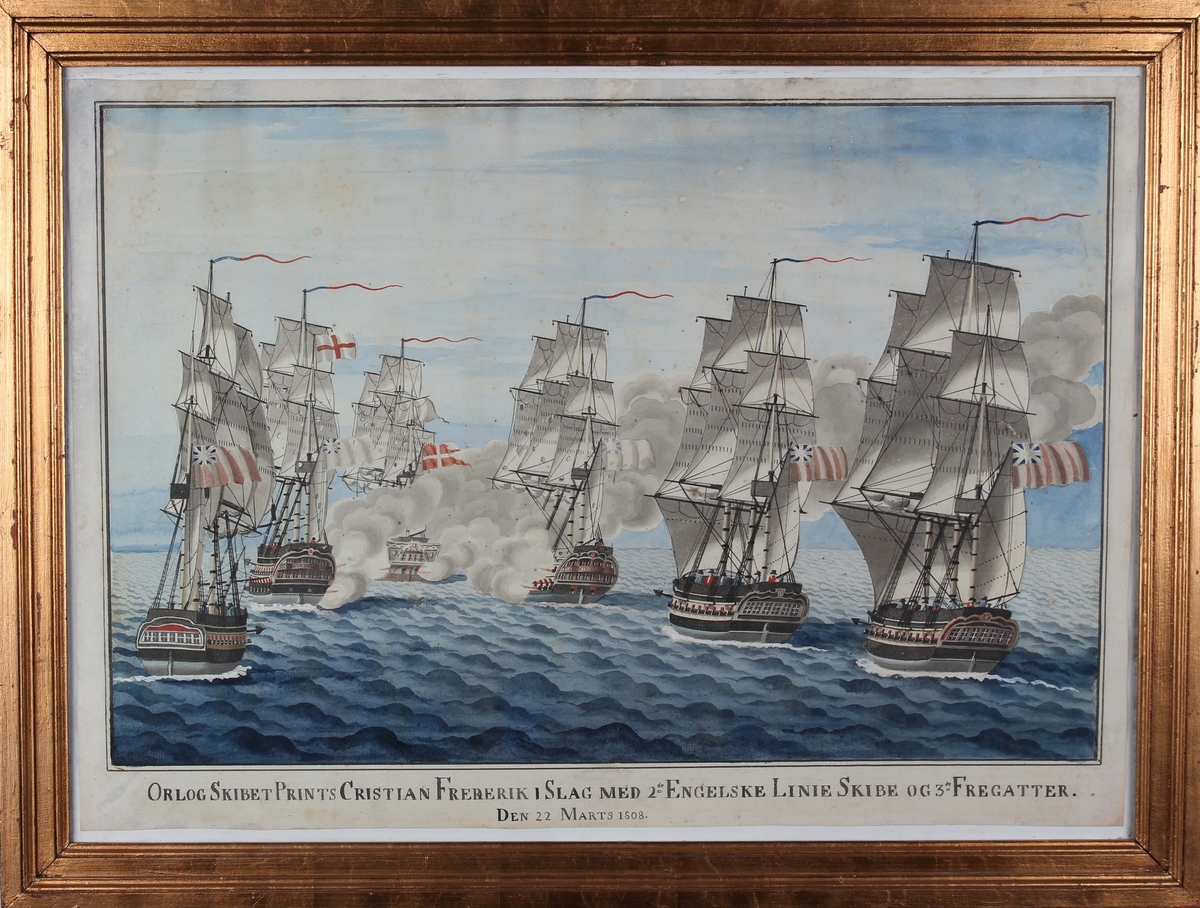 Håndkolorert trykk av orlogsskipet PRINTS CHRISTIAN FREDERIK i slag med engelske lineskip og fregatter den 22. mars 1808