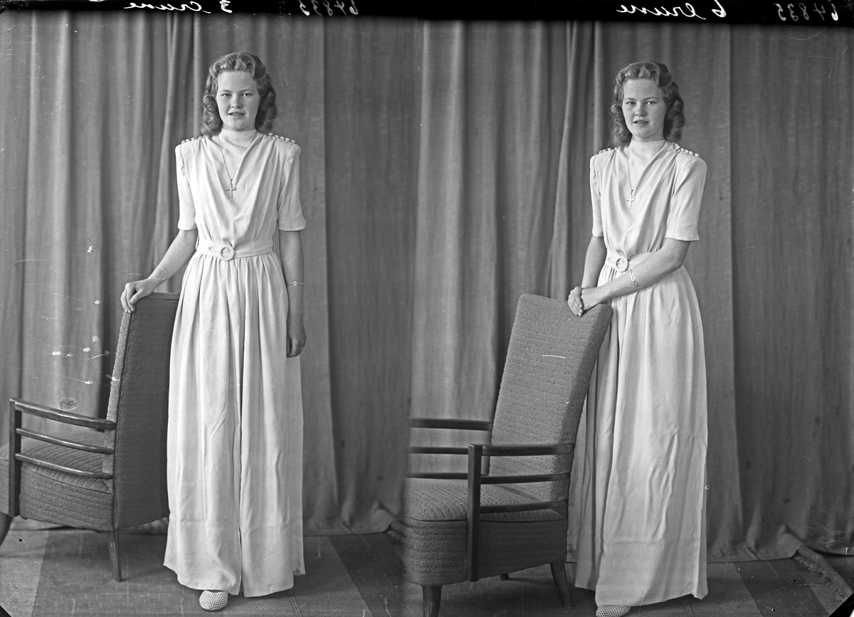 Portrett. Ung kvinne i lang kjole. Konfirmant. Bestilt av Hjørdis Vallerhaug. Vorre pr. Kopervik