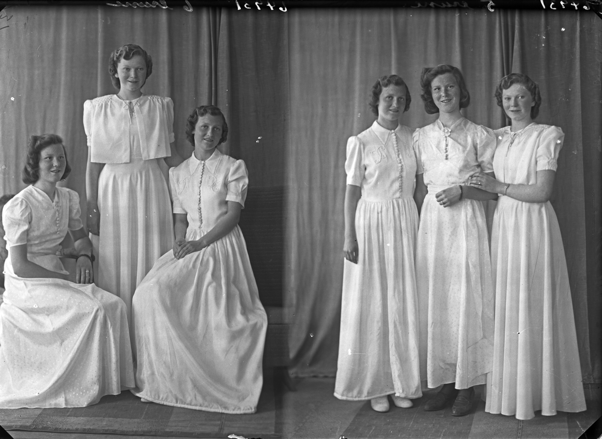 Portrett. Gruppebilde med tre unge kvinner i lange hvite kjoler. Konfirmanter. Bestilt av Hanna Sofie Økland, Eli Markhus og Anne Marie Aksnes.