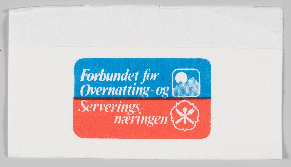 To logoer og reklametekst for Forbundet for Overnatting- og Serveringsnæringen.

Samme reklametekst på serviett MIA.00007-004-0049 og MIA.00007-004-0050.