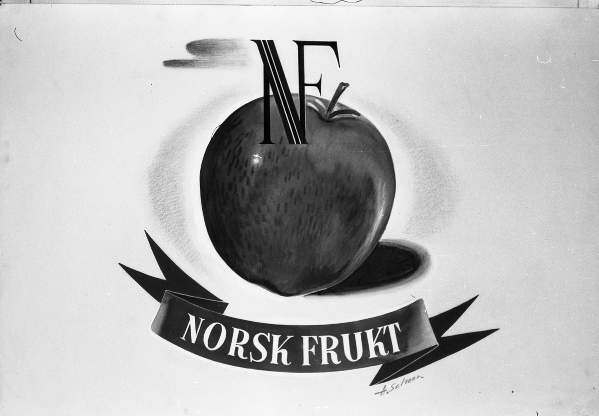 Avfotografert tegning av det som kan ha vært en logo for promotering av norsk frukt.