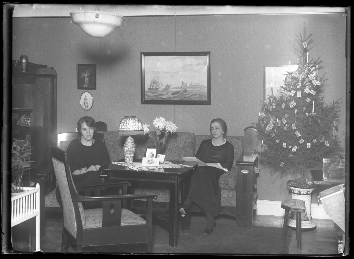 Fru Lenander sitter och läser i soffan medan hennes dotter sitter i en armlänstol bredvid. Rummet är inrett med mörka trämöbler och pyntat med en julgran.
