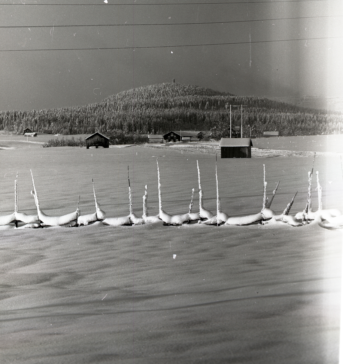 Snöklädd fastbandshage med Bullerberget i bakgrunden, Utegården i Glösbo i januari 1967.
