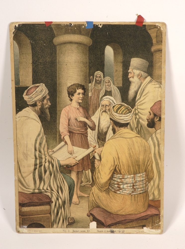 Jesus som barn i tempel med flere lærde menn rundt seg