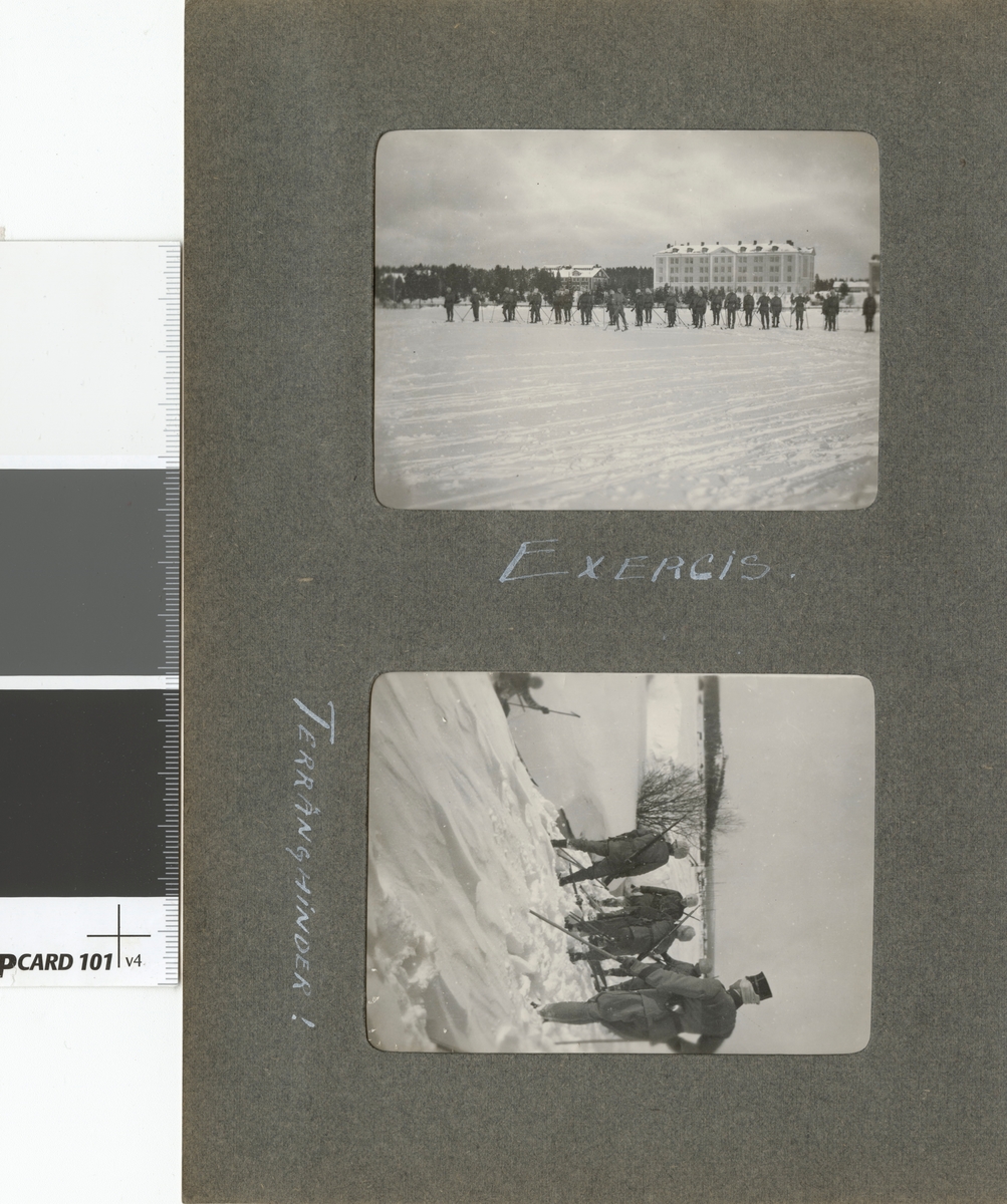 Text i fotoalbum: "Vinterövningarna vid Umeå 1916. Terränghinder."