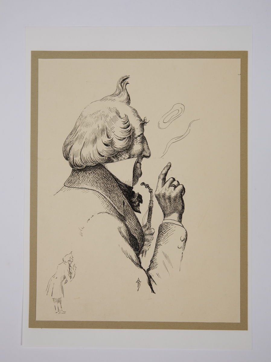 Tegning av eldre mann som røyker langpipe.