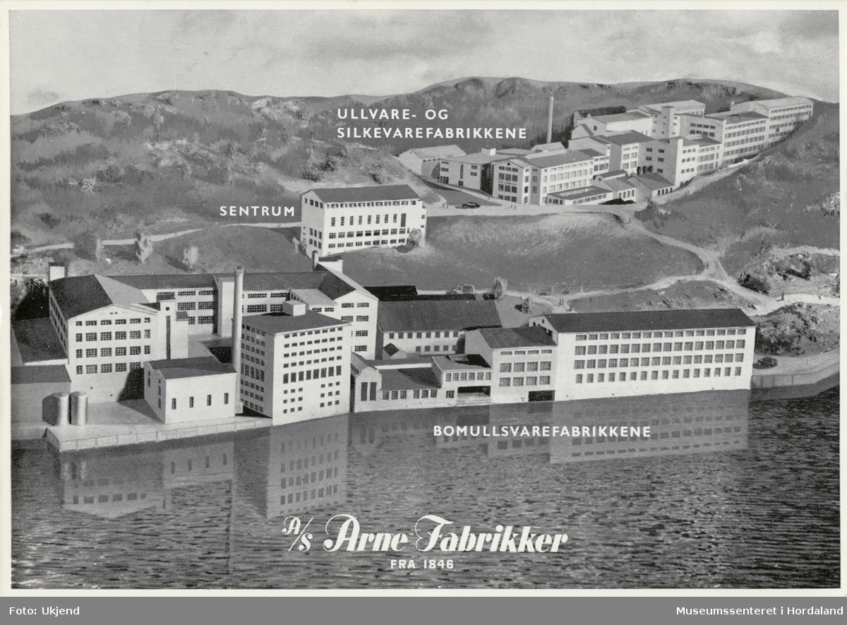 Postkort av alle fabrikkane til Arne Fabrikker i Ytre Arna. Kortet har vore brukt som midlertidig bekreftelse på mottatt ordre til kundar.