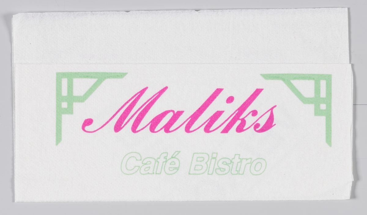 Stiliserte japansk inspirerte bærebjelker og reklametekst for Maliks Cafè og Bistro.

Maliks kafè er en internasjonal kjede av kafeer som også har kafeer i Norge.

Reklame for samme firma på MIA.00007-004-0152.