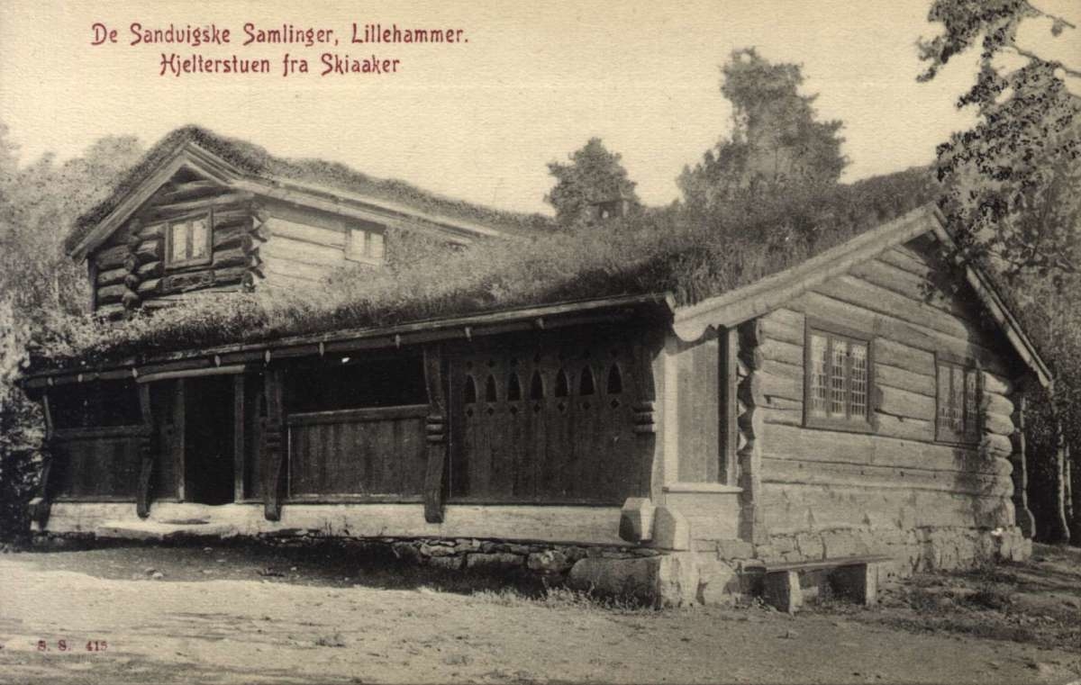 Postkort.  "De Sandvigske Samlinger, Lillehammer. Helterstuen fra Skiaaker".