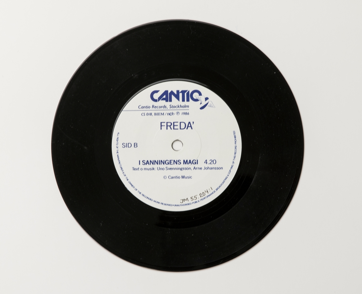 Singel-skiva av svart vinyl med vit pappersetikett, i omslag av papper, i plastficka.

Innehåll
Sid A: Vindarna
Sid B: I sanningens magi

JM 55204:1, Skiva
JM 55204:2, Plastficka