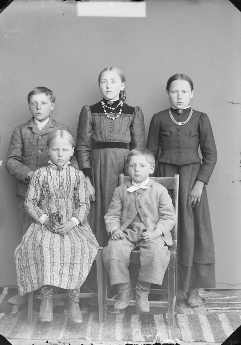 5 barn, antatt søsken, alder 4 til 12 år, 3 jenter i kjole og 2 gutter med jakke og strikket bukse