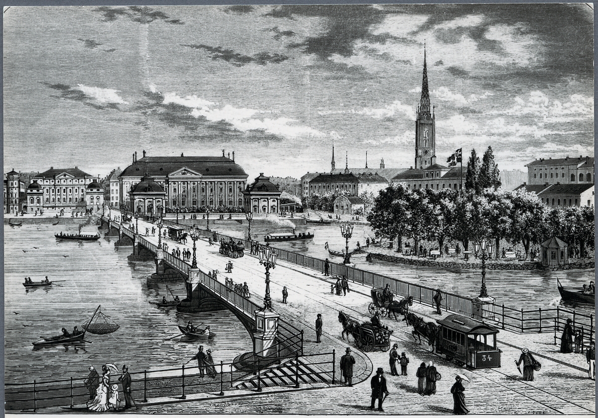 Stockholmsbild. Det Stockholm som kommit: Vasabron mellan Tegelbacken och Riddarhusgränd. Tecknad av Otto August Mankell.