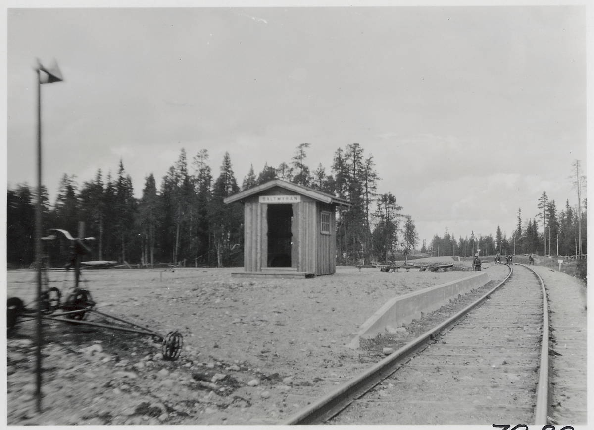 Saltmyran station. Statens Järnvägar, SJ. Hållplatsen anlades 1942. Är en gammal järnvägsanhalt. Området är numera i stort sett obebott och används till en del som torvtäkt.