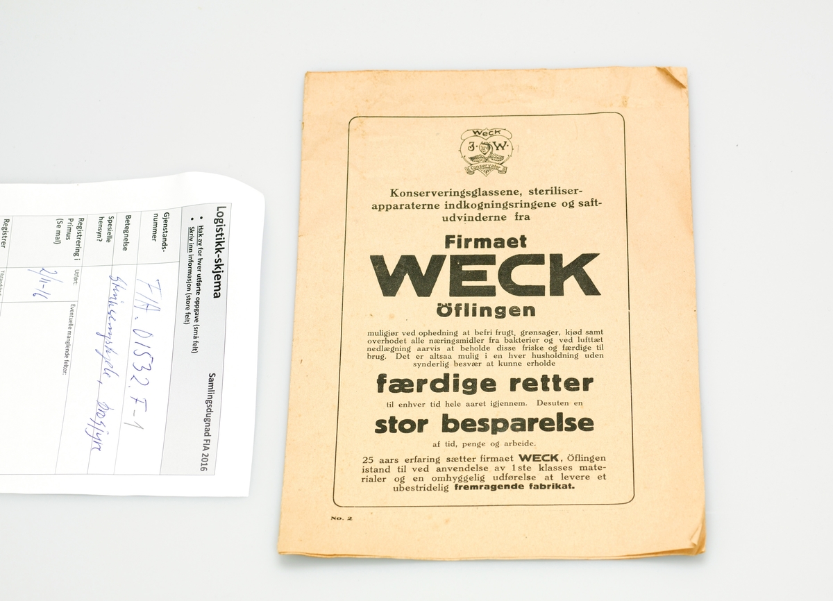 Brosjyre til Weck steriliseringskjele, No.2.