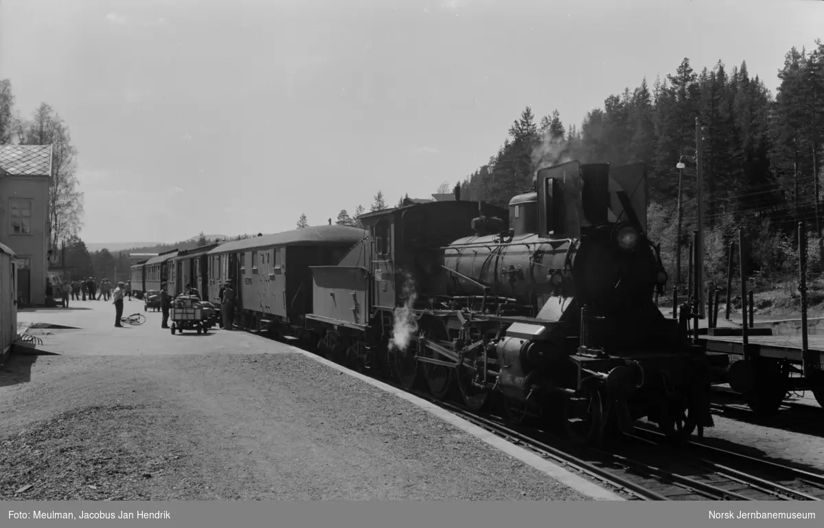 Damplokomotiv type 27a nr. 302 med dagtoget fra Oslo Ø til Trondheim over Røros, tog 301, på Rena stasjon.