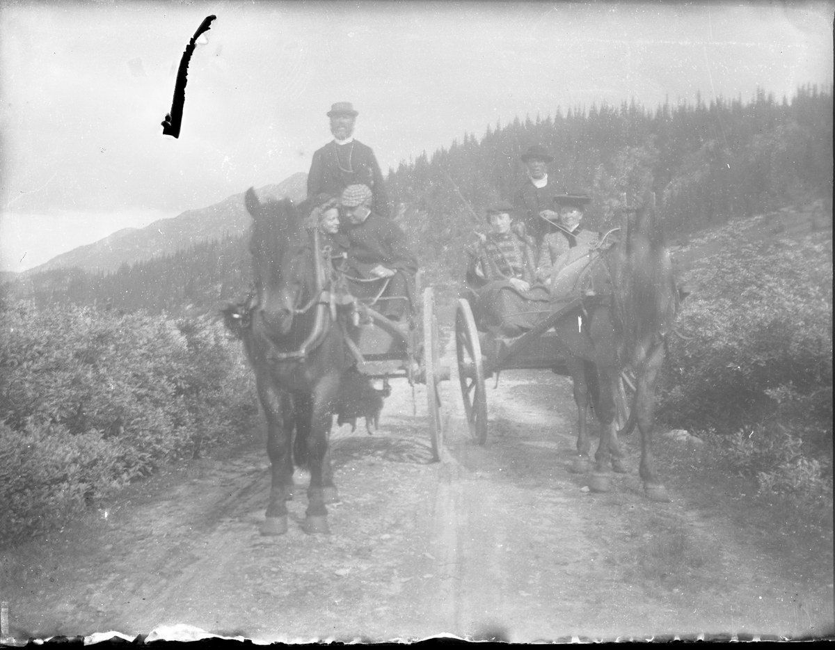 Utflukt med hest og vogn. Jonsens familie på reise i Telemark, ant. slutten av 1890 årene. Ant. i Byrte eller Grungendal.

Antatt fotosamling etter Anders Johnsen.