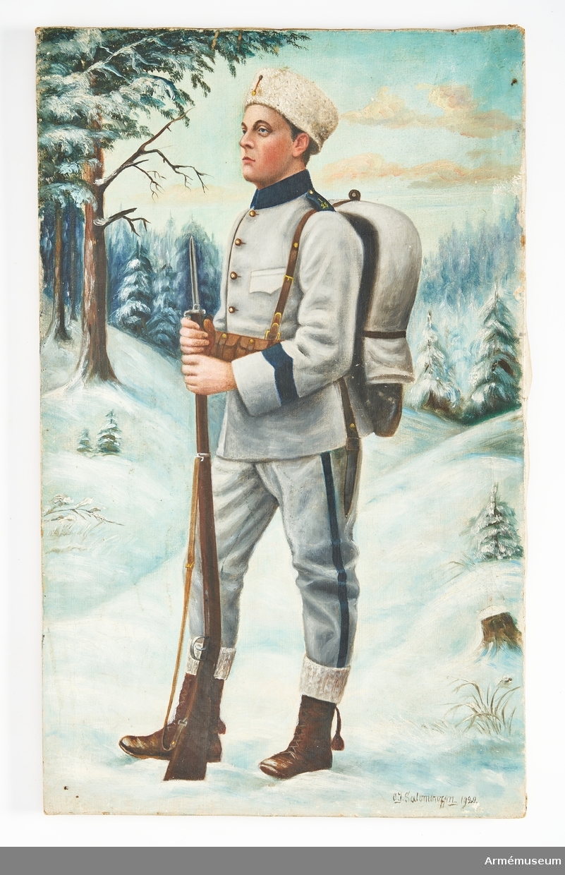 Målning utförd i olja föreställande en soldat vid namn Helge som befinner sig i ett idylliskt vinterlandskap iförd uniform m/1910 samt beväpnad med ett gevär. Målningen saknar ram.