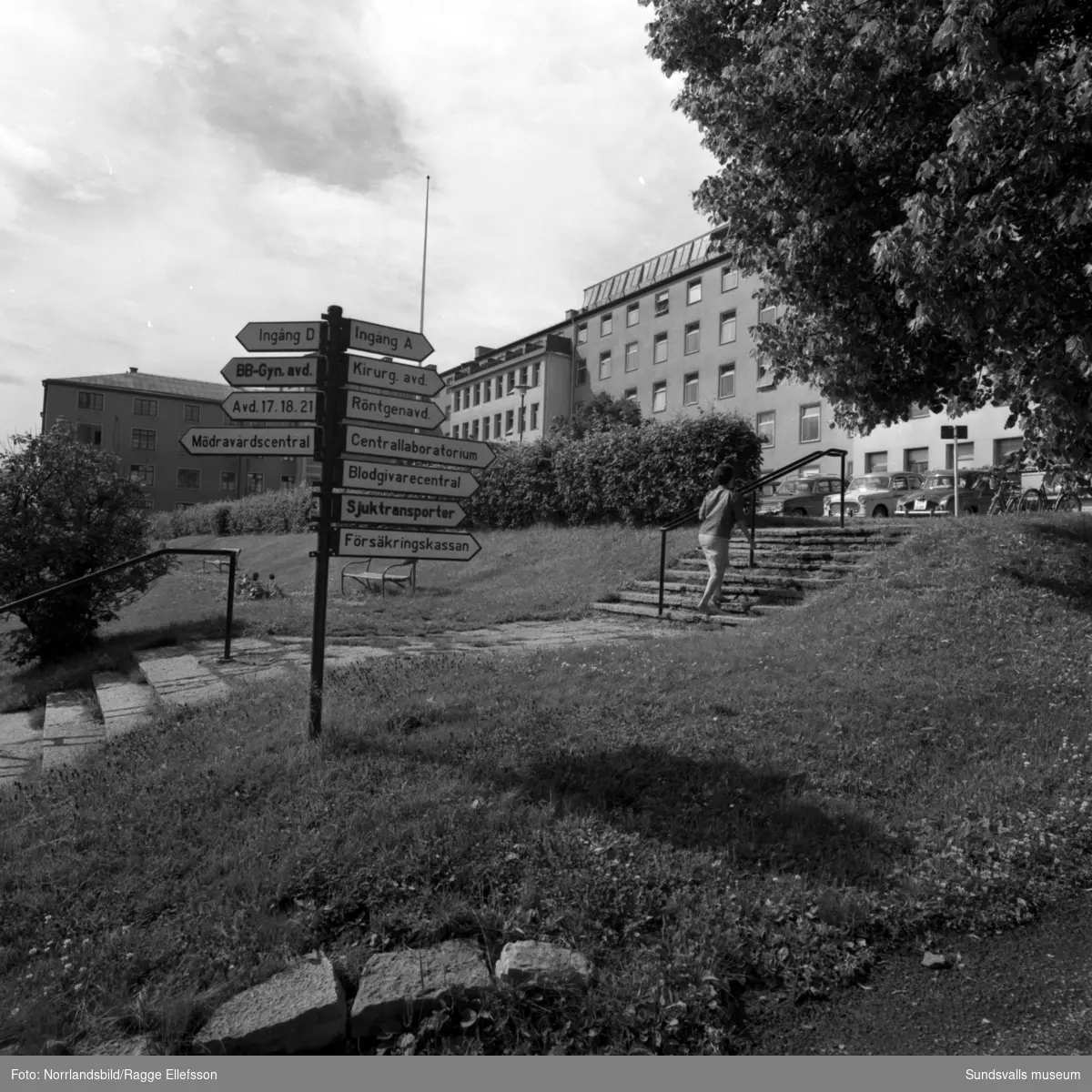 Sundsvalls lasarett, exteriörbilder med skyltar/vägvisare i parken framför byggnaden.