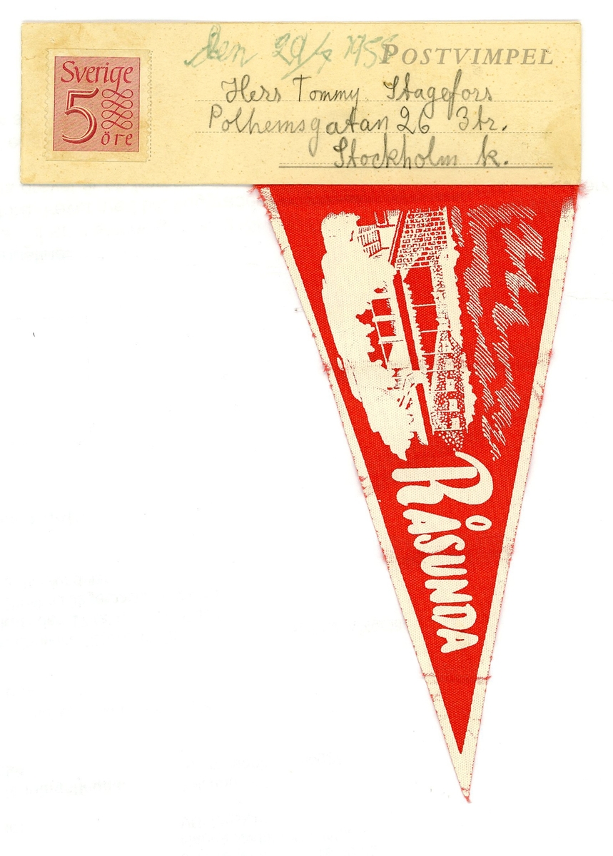 Brevkort av typen Postvimpel. 
Vimpeln har ett Råsunda-motiv i rött och vitt.
Frankerad och adresserad men ej poststämplad.