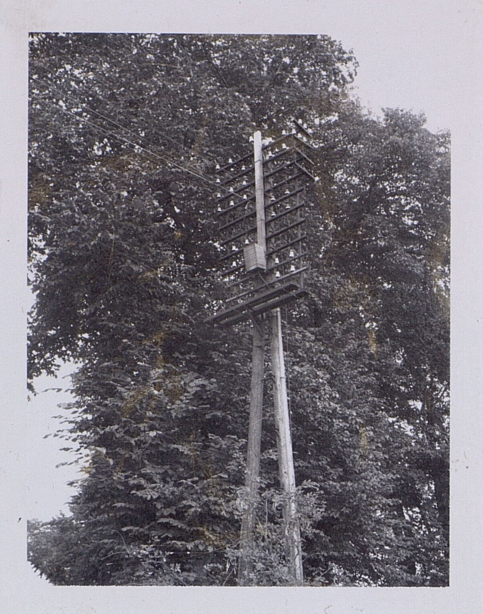 Utgreningsstolpe. Foto taget i närheten av Vollsjö järnvägsstation i Skåne, sommaren 1972. (A-stolpe).