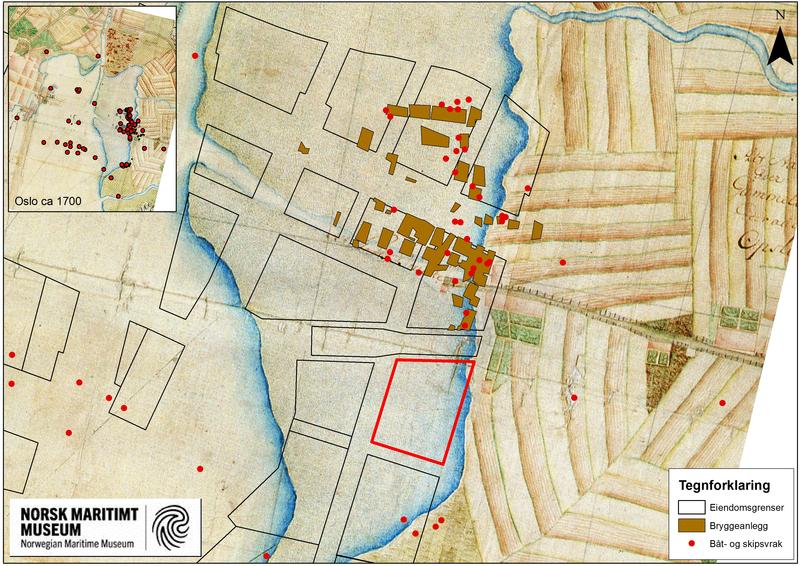 Kartet viser tidligere arkeologiske funn i området. Kartet er fra tidlig 1700-tallet og viser at området har ligget under vann i tidligere tider. Den røde avgrensningen er tomta B8a (Foto/Photo)