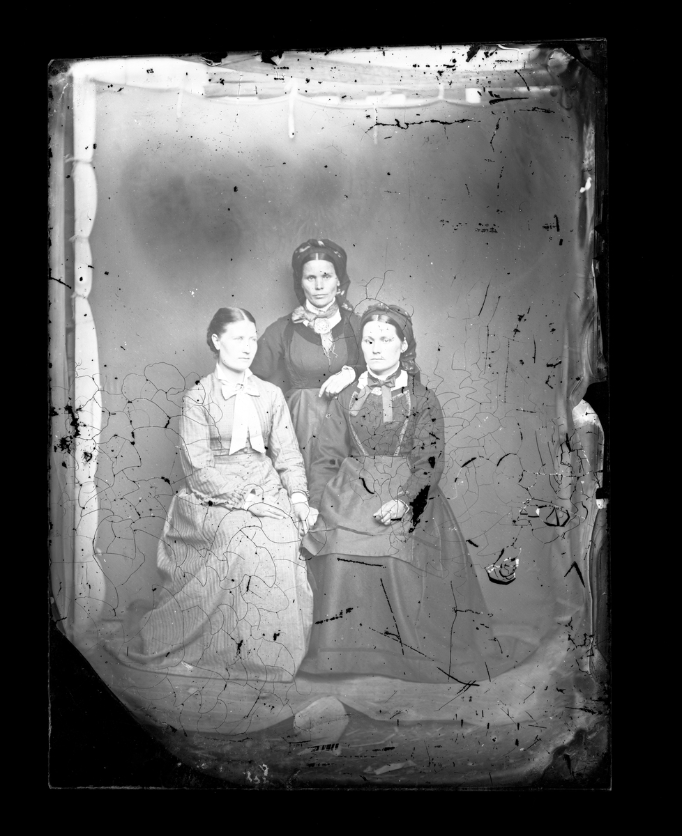 Fotosamling etter fotograf Knut Aslaksen Berdal. f. 1829 Einlaugdalen Vinje, d. 21.01.1895. Gruppeprortrett av tre kvinner i folkedrakt