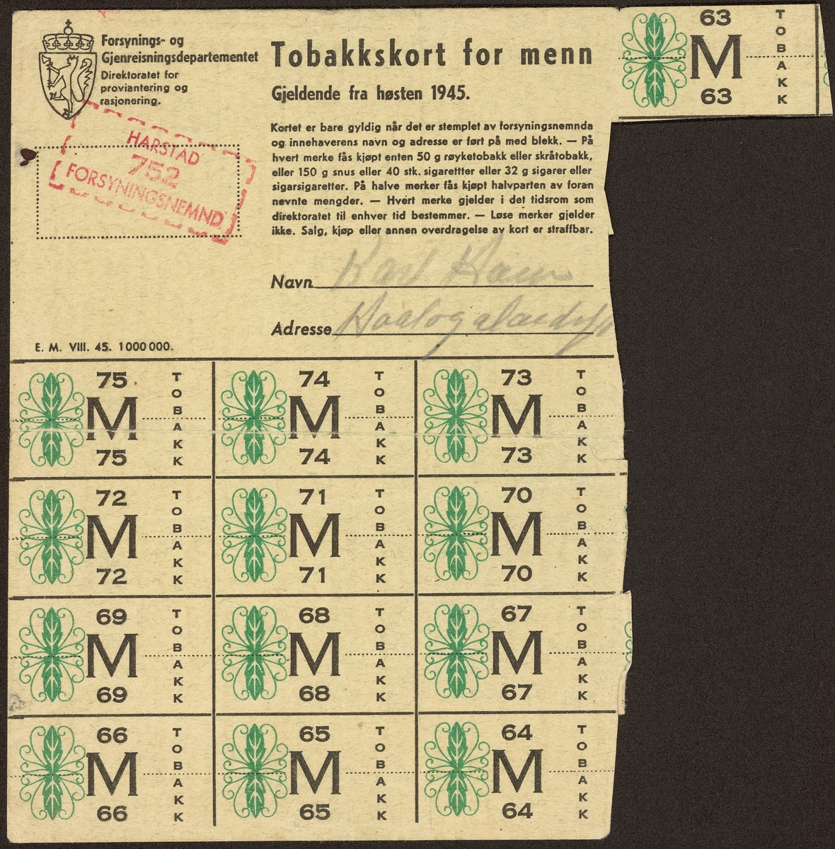 Rasjoneringskort/kjøpekort for tobakk brukt høsten 1945.