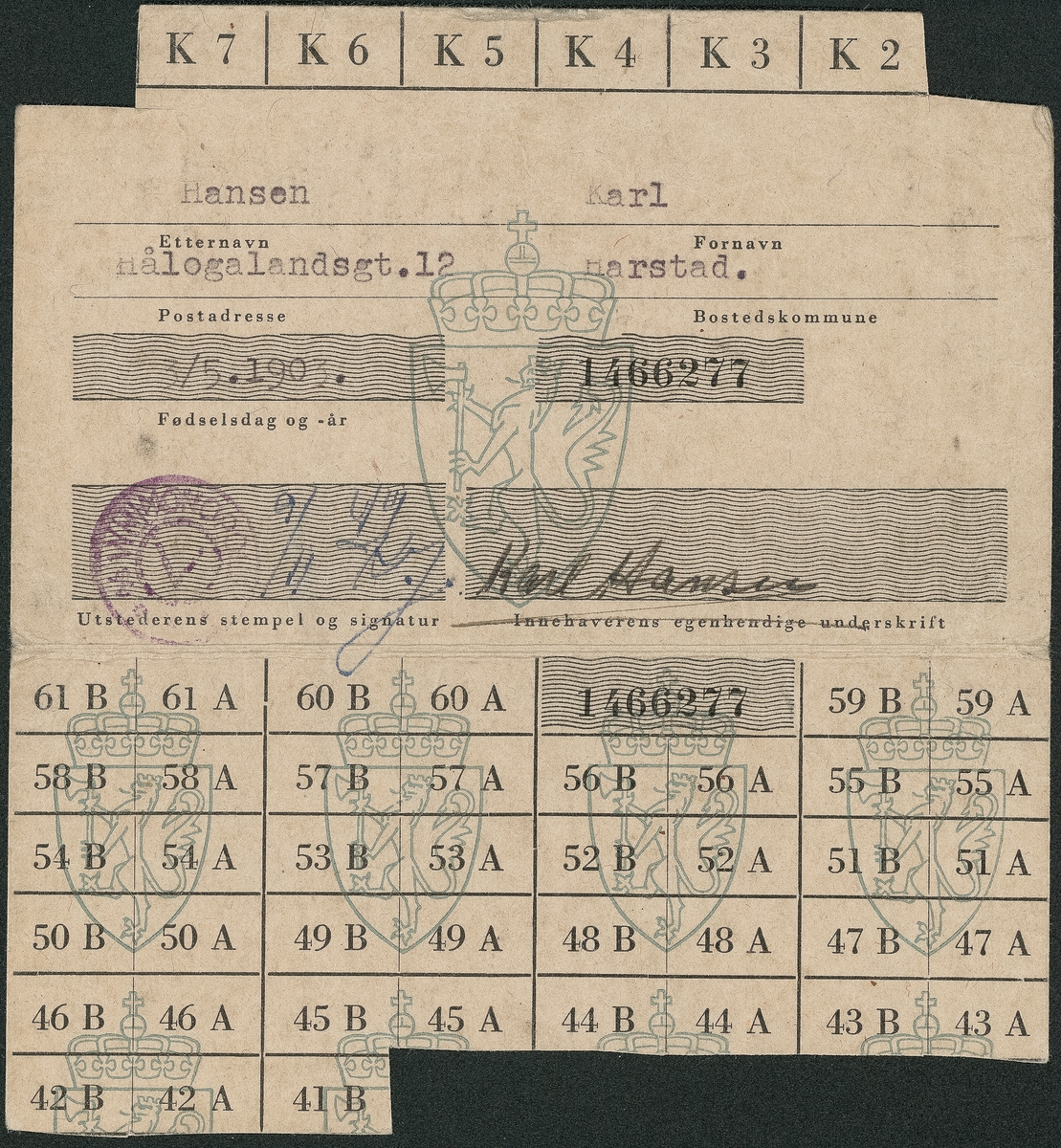 Rasjoneringskort/kjøpekort for brennevin og vin fra 1944