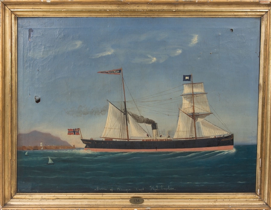Skipsportrett av DS AURORA under fart utenfor havneby. Fører vimpel med skipets navn samt unionsflagg akter. På fortoppen skipets kompagniflagg.