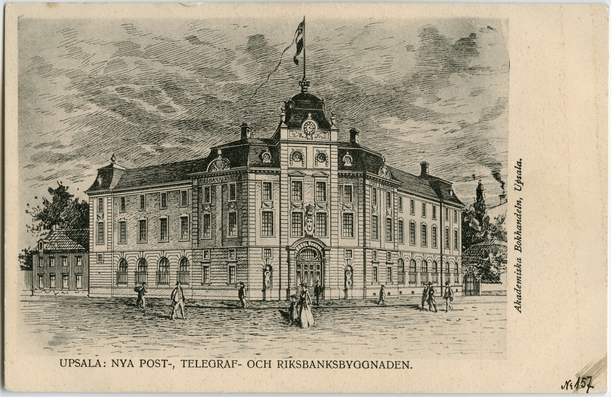 Vykort - Tryckt motiv. Nya post- telegraf- och riksbanksbyggnaden, kvarteret Bryggaren, Uppland