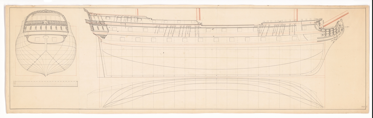 60-kanonersskepp. Spantruta, linjeritning och profil.