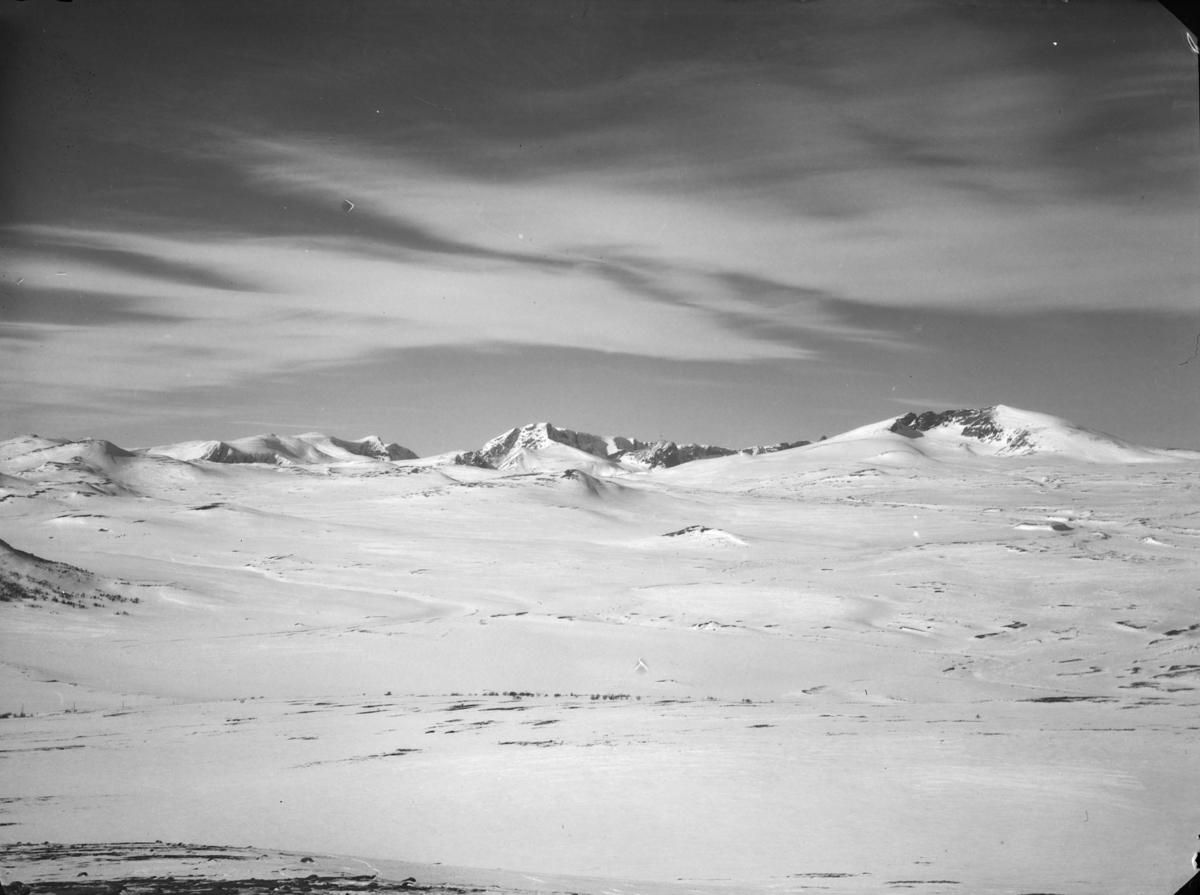 Dovrefjell, utsikt over vinterlandskap med Snøhetta til høyre og Svånåtindan midt i bilde