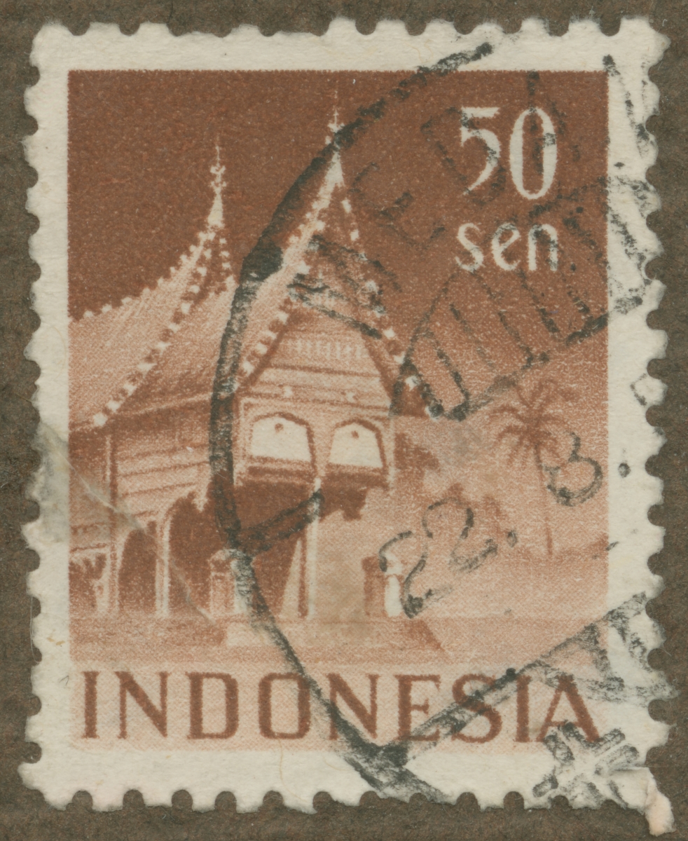 Frimärke ur Gösta Bodmans filatelistiska motivsamling, påbörjad 1950.
Frimärke från Indonesien, 1949. Motiv av hus i Indonesien.