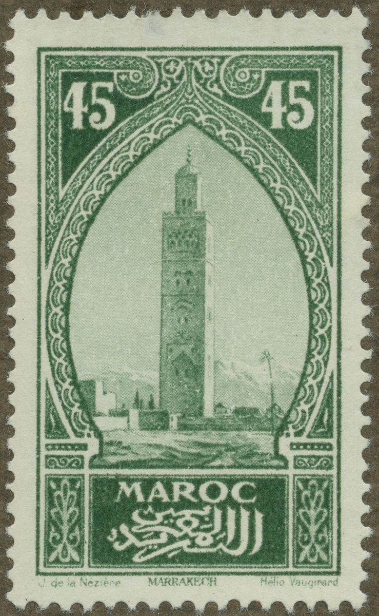 Frimärke ur Gösta Bodmans filatelistiska motivsamling, påbörjad 1950.
Frimärke från Franska Marocko, 1917. Motiv av minareten La Koutoubia, i Marrakech.