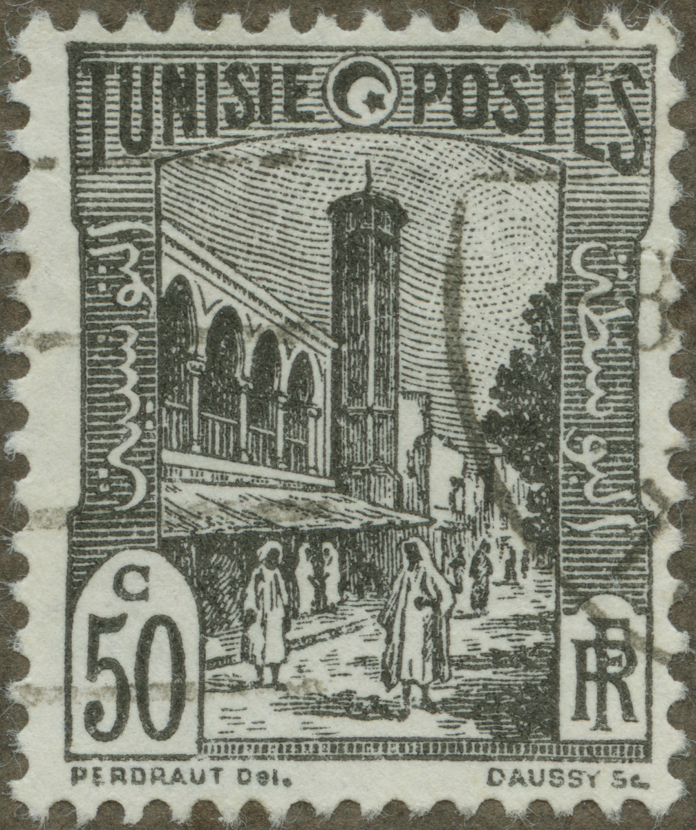 Frimärke ur Gösta Bodmans filatelistiska motivsamling, påbörjad 1950.
Frimärke från Tunisien, 1926. Motiv av moskéen Halfaouine i Tunis.
