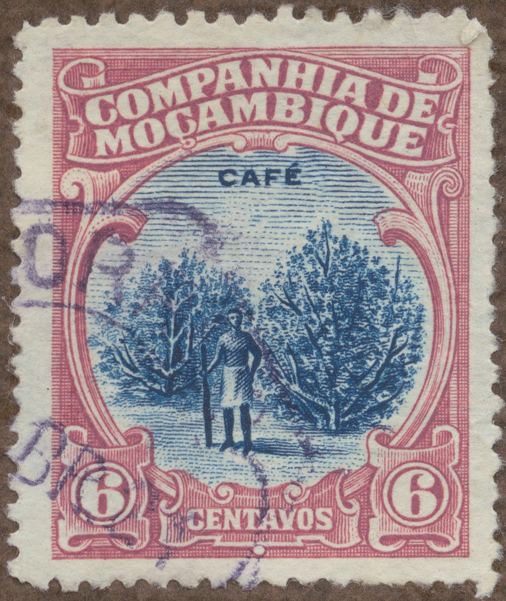 Frimärke ur Gösta Bodmans filatelistiska motivsamling, påbörjad 1950.
Frimärke från Mozambique C.i, 1918. Motiv av kaffeodling.