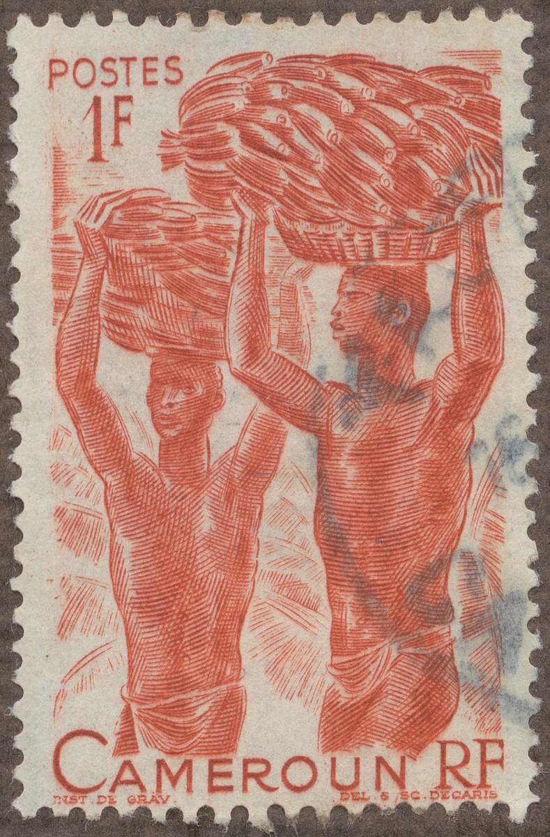 Frimärke ur Gösta Bodmans filatelistiska motivsamling, påbörjad 1950.
Frimärke från Camerun, 1946. Motiv av banantransport.
